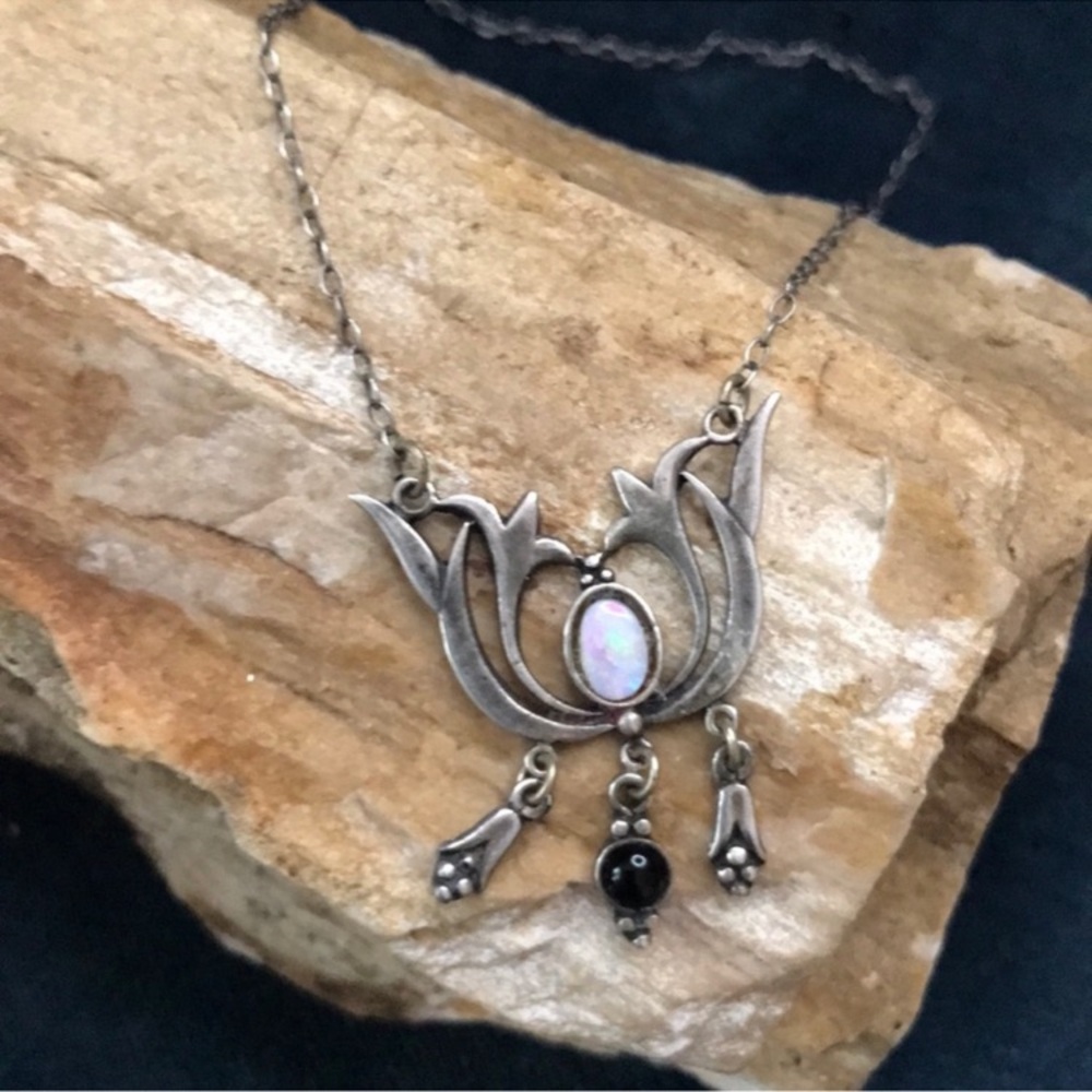 Native Sterling Silver and Opal necklace w/ Onyx Drop charm